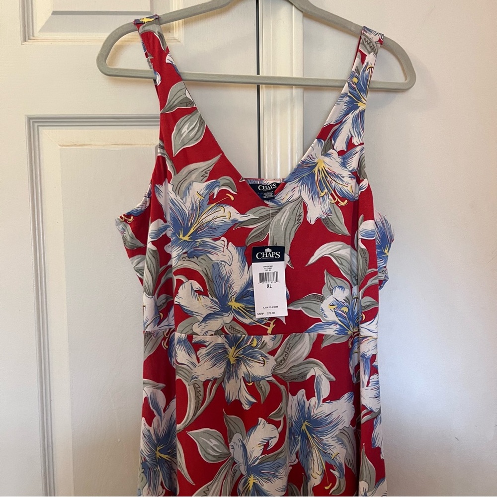 Chaps Red Floral NWT Cotton Knit Long Dress XL with Blue & Cream - Picture 3 of 5